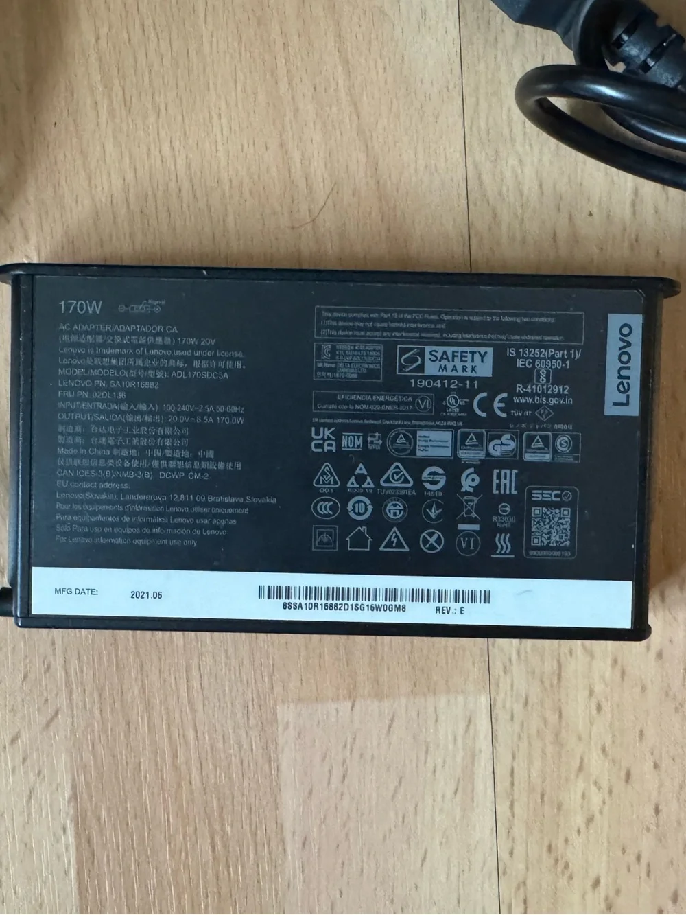 Lenovo 170W AC Adapter Power Supply Charger, Model #ADL170SDC3A, New